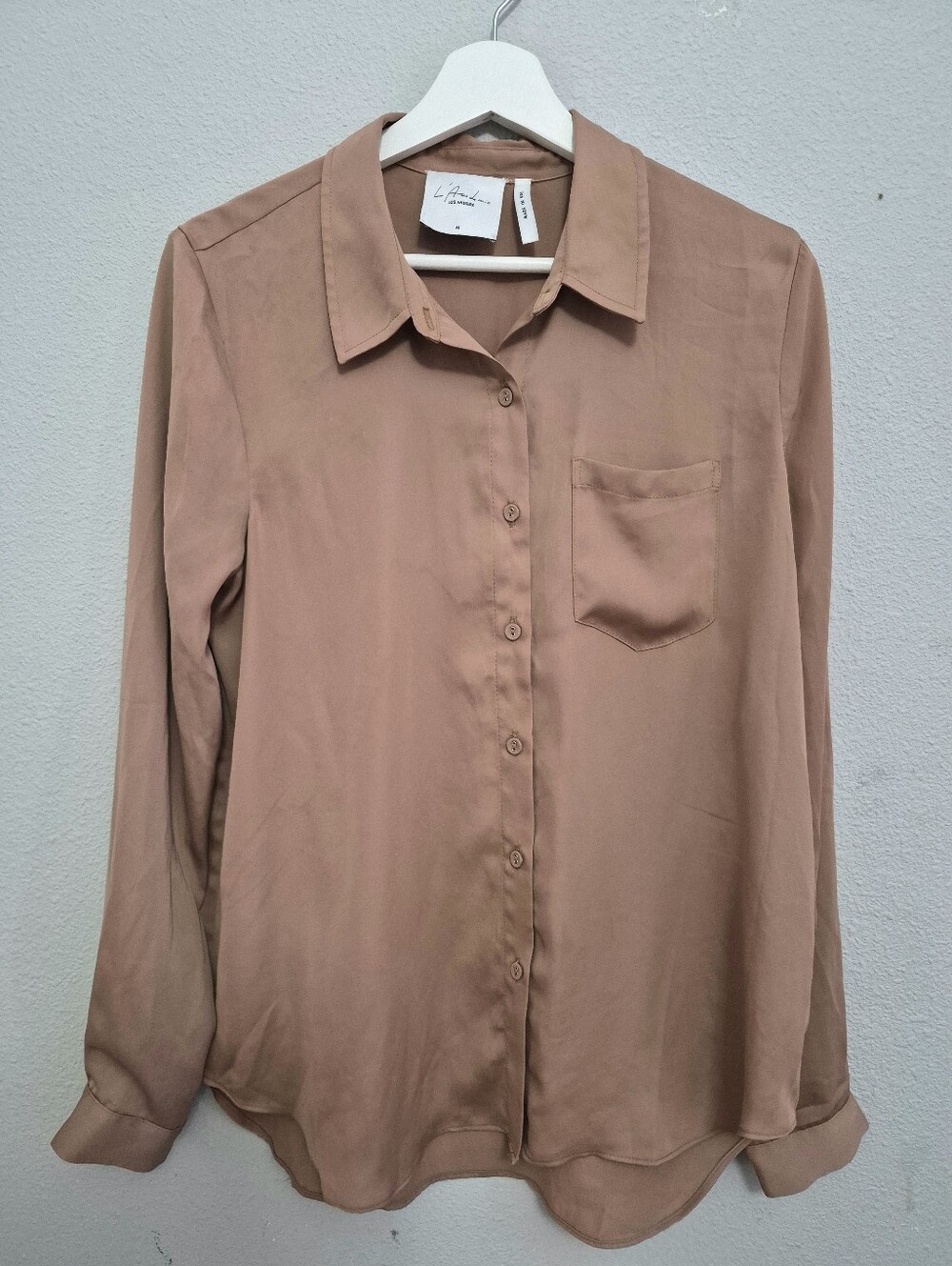 L'Academie Revolve Taupe Long Sleeve Button Down Blouse M Career Office
